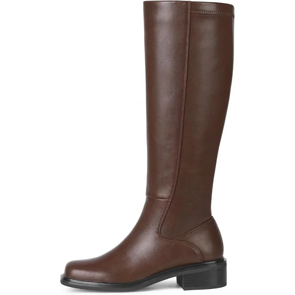 Women's Brown Low Heel Square Toe Tall Knee High Side Zipper Boots Faux Leather